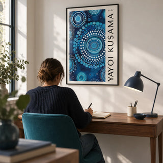 Mandala Wall Art, framed on the wall of a compact design-led home study with chalk-white walls and a solid teal desk chair