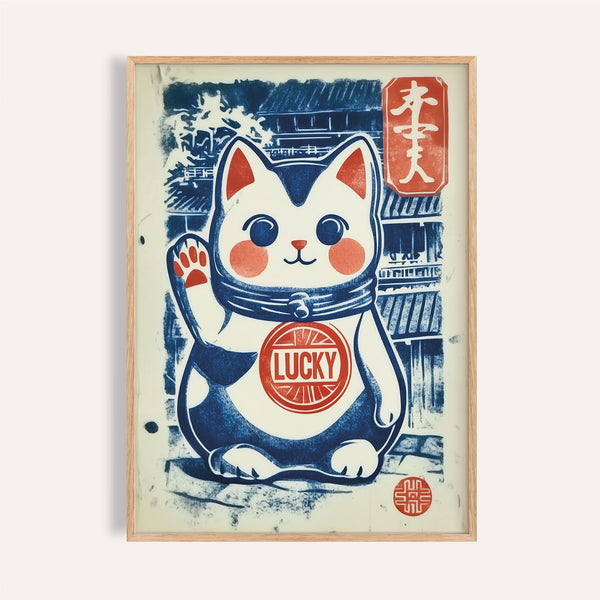 lucky cat charm poster with vibrant colours