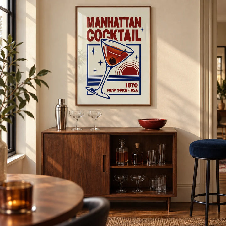 Manhattan Cocktail Art Print, framed on the wall of a compact home bar in a design-led UK city flat with a warm cream wall and walnut flooring in a living room
