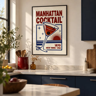 Manhattan Cocktail Art Print, framed on the wall of a modern kitchen in a renovated UK terrace with plain navy cabinets and an off-white wall