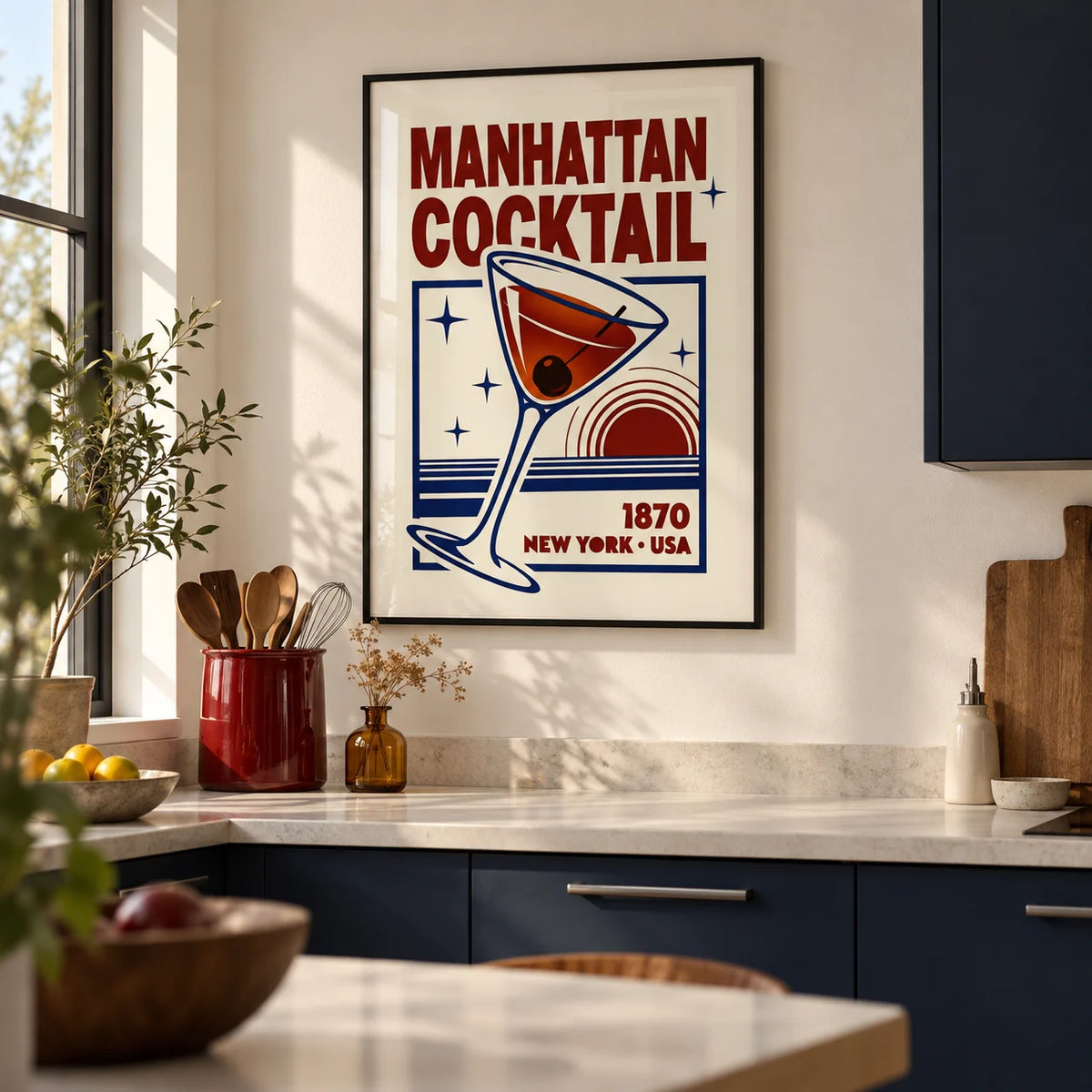 Manhattan Cocktail Art Print, framed on the wall of a modern kitchen in a renovated UK terrace with plain navy cabinets and an off-white wall