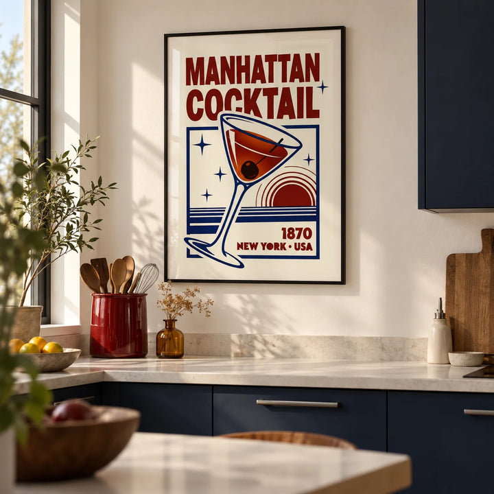 Manhattan Cocktail Art Print, framed on the wall of a modern kitchen in a renovated UK terrace with plain navy cabinets and an off-white wall