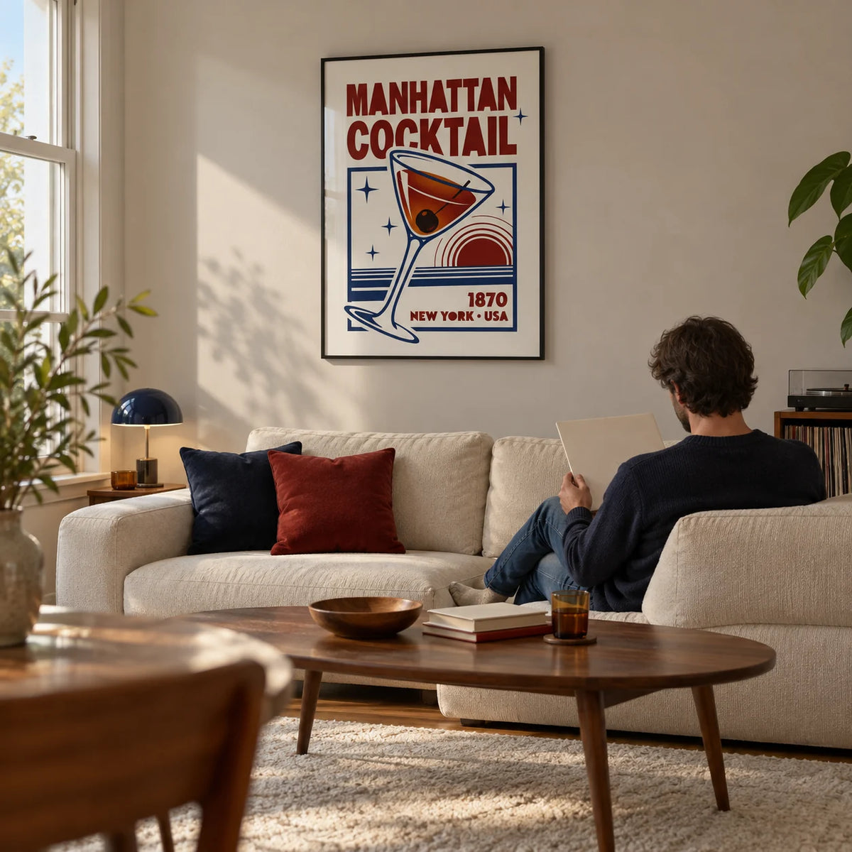 Manhattan Cocktail Art Print, framed on the wall of a modern living room in a UK flat with a pale warm-grey wall and a low cream sofa