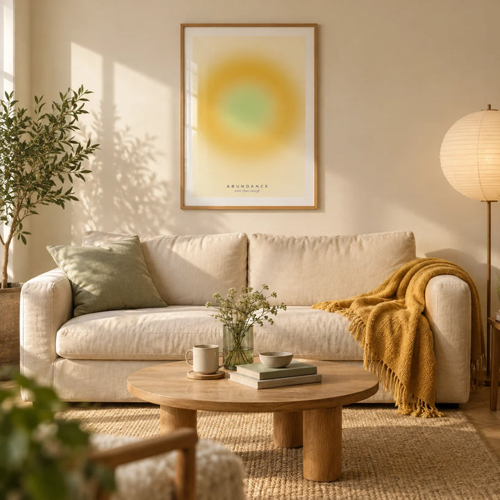 Manifestation Wall Art, framed on the wall of a calm modern living room in a UK first flat (22-28) with warm white walls and an oak floor