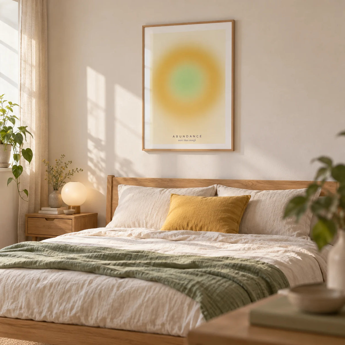 Manifestation Wall Art, framed on the wall of a restful modern bedroom in a UK flat with a warm white wall