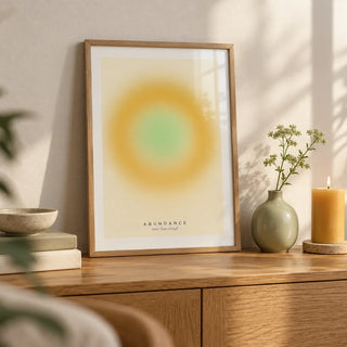 Manifestation Wall Art, a small A4 framed print leaning on a low oak sideboard in a living room