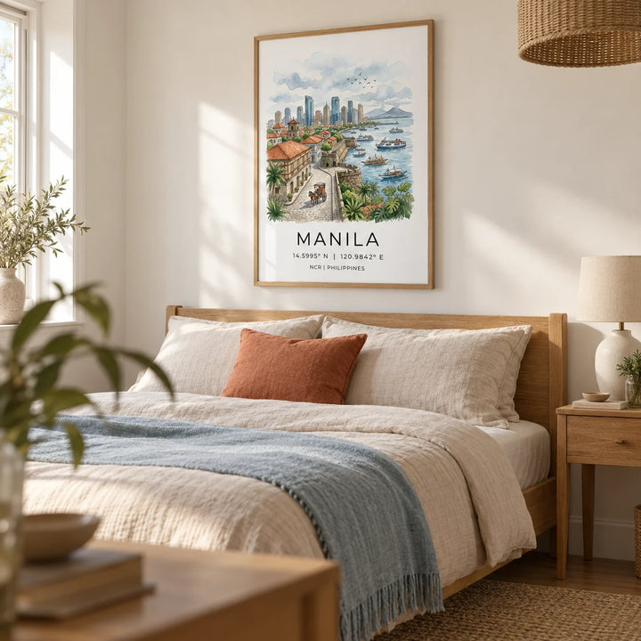 Manila City Art Print, framed on the wall of a calm bedroom in a UK home with warm white walls