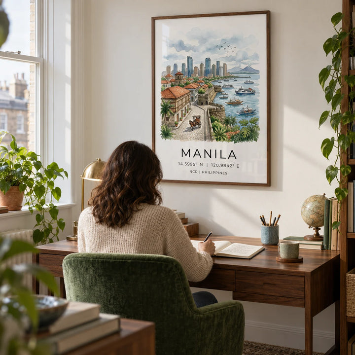 Manila City Art Print, framed on the wall of a quiet home study in a UK flat for a travel-loving adult aged 30-50