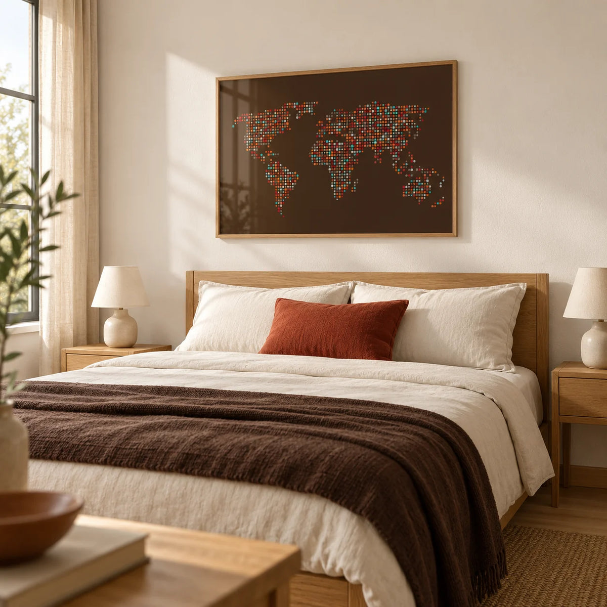 Map Of The World Poster, framed on the wall of a calm contemporary bedroom for a travel-loving couple with a warm white wall