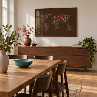 Map Of The World Poster, framed on the wall of a contemporary dining room in a renovated UK terrace with an off-white wall and warm oak floor