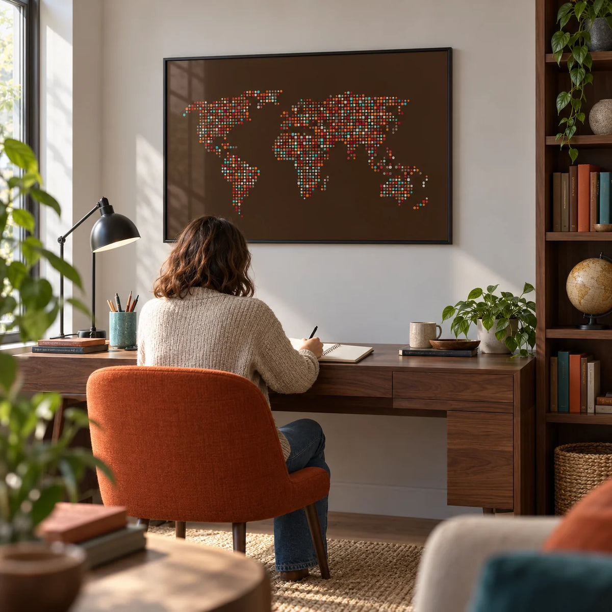 Map Of The World Poster, framed on the wall of a contemporary home study with a pale grey wall and walnut shelving