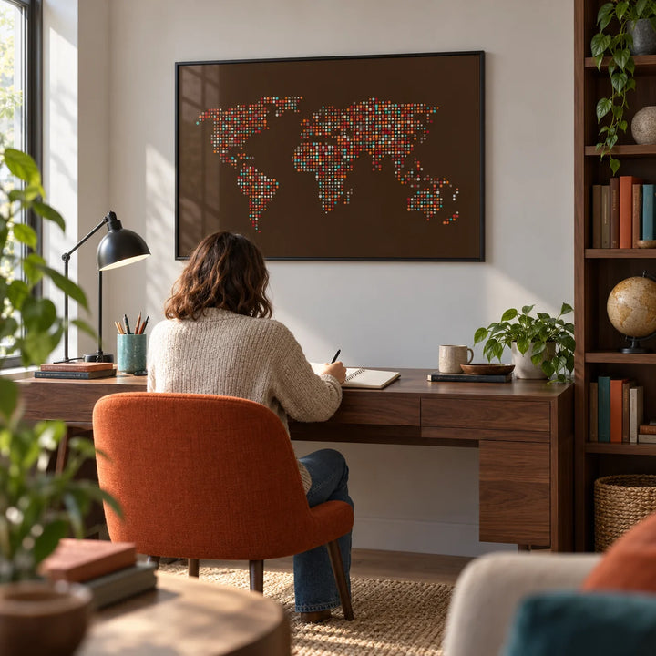 Map Of The World Poster, framed on the wall of a contemporary home study with a pale grey wall and walnut shelving