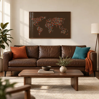Map Of The World Poster, framed on the wall of a modern living room in a UK city flat with a warm white wall and walnut floor