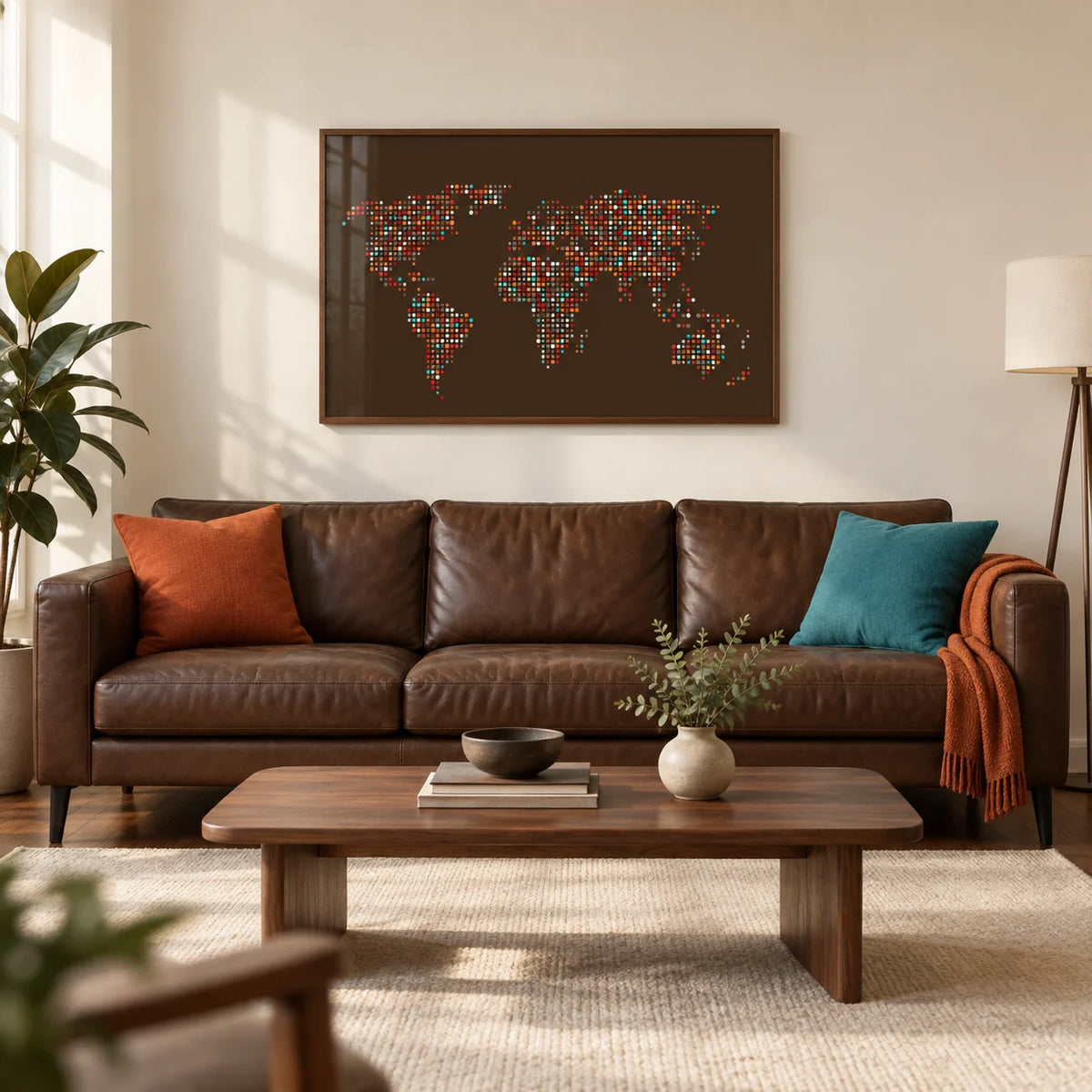 Map Of The World Poster, framed on the wall of a modern living room in a UK city flat with a warm white wall and walnut floor