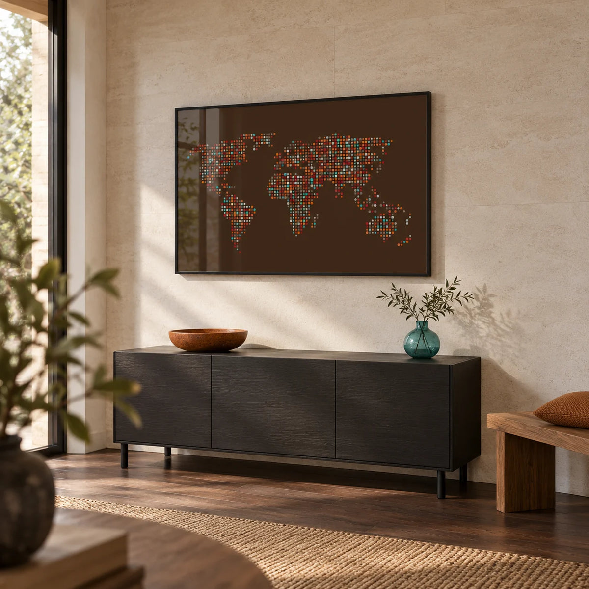 Map Of The World Poster, framed on the wall of a spacious modern hallway with a pale stone wall and dark brown timber floor