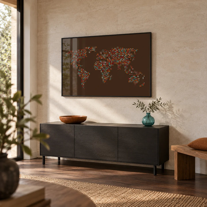 Map Of The World Poster, framed on the wall of a spacious modern hallway with a pale stone wall and dark brown timber floor