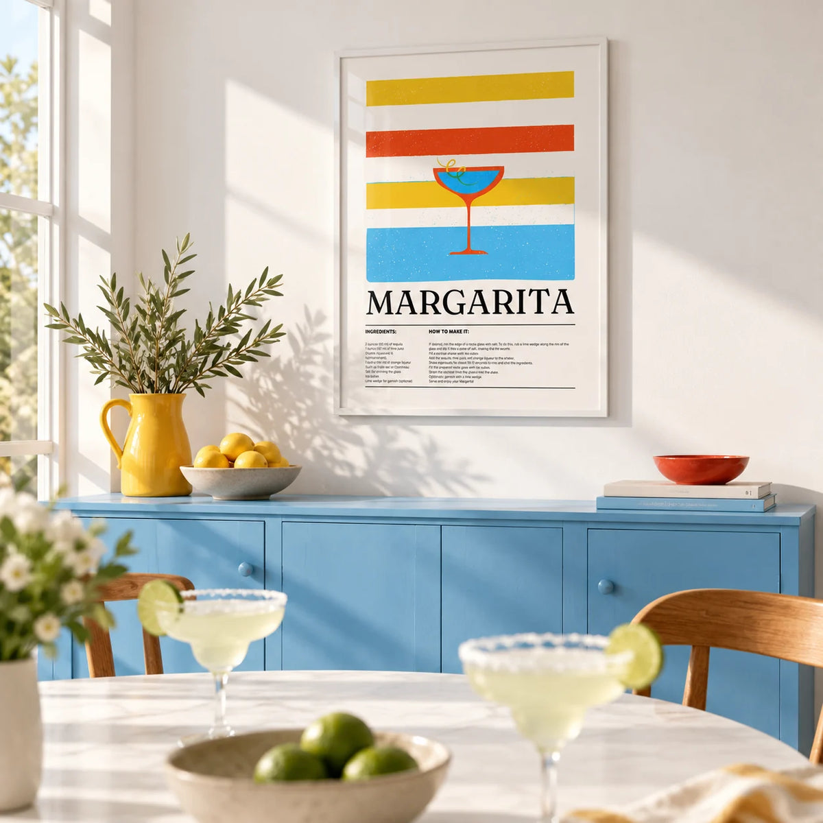 Margarita Wall Art, framed on the wall of a bright dining room with a white wall