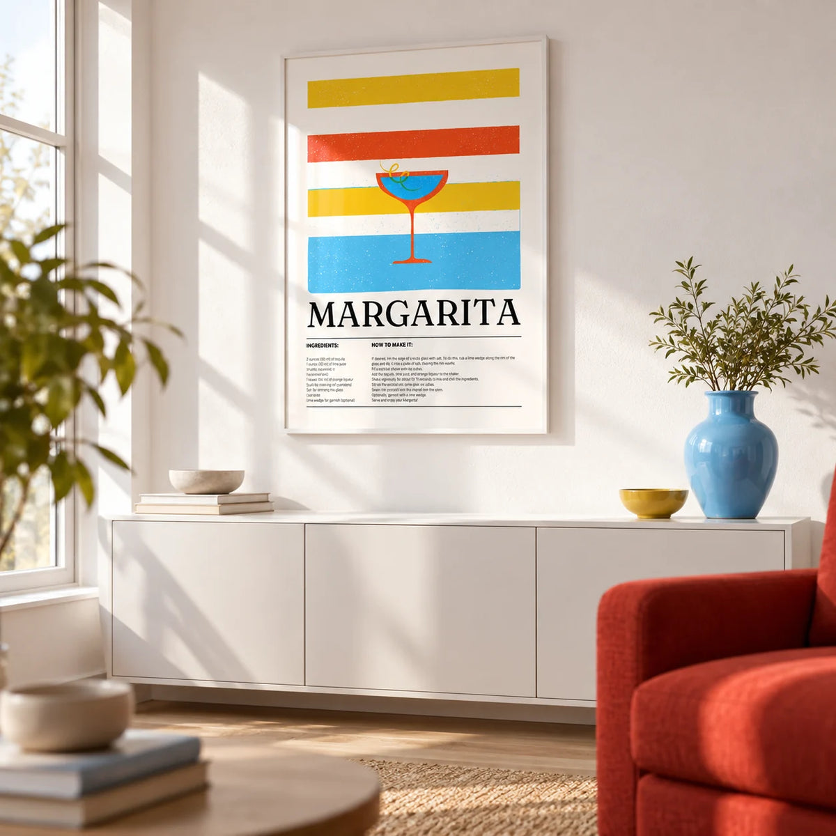 Margarita Wall Art, framed on the wall of a bright living room with a white wall