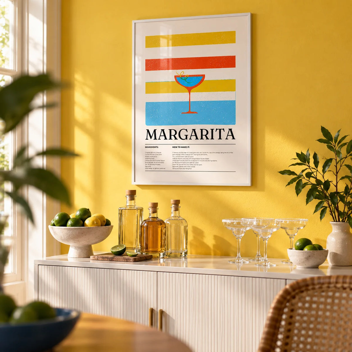 Margarita Wall Art, framed on the wall of a home bar with a sunny yellow painted wall in a living room