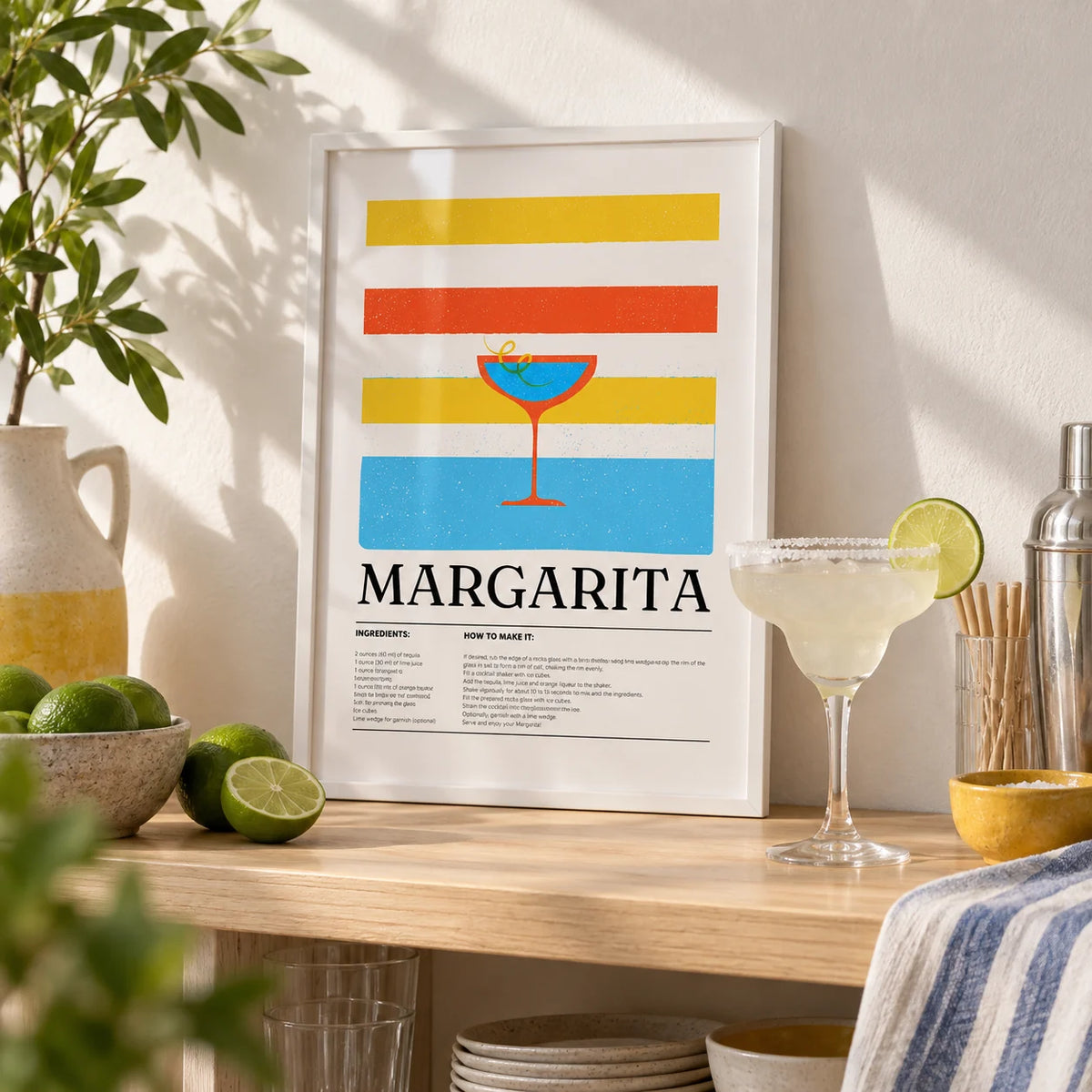 Margarita Wall Art, a small A4 framed print leaning on a pale wood bar shelf in a living room