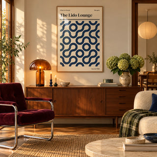 Margate Print, framed on the wall of a warm mid-century living room in late afternoon light