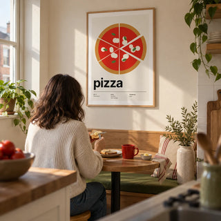 Margherita Pizza Print, framed on the wall of a compact kitchen breakfast nook in a UK maisonette with a cream wall and a built-in oak bench