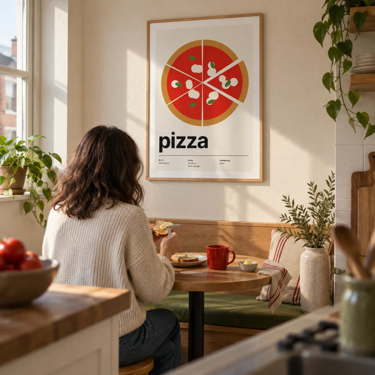 Margherita Pizza Print, framed on the wall of a compact kitchen breakfast nook in a UK maisonette with a cream wall and a built-in oak bench