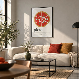 Margherita Pizza Print, framed on the wall of a contemporary city-flat living room with a pale grey wall and concrete flooring