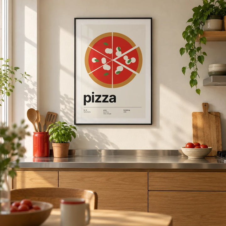 Margherita Pizza Print, framed on the wall of a crisp modern kitchen in a UK first flat (22-28) with cream walls
