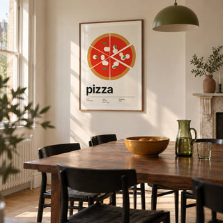 Margherita Pizza Print, framed on the wall of a design-led dining room in a Victorian terrace with warm white walls and pale timber flooring