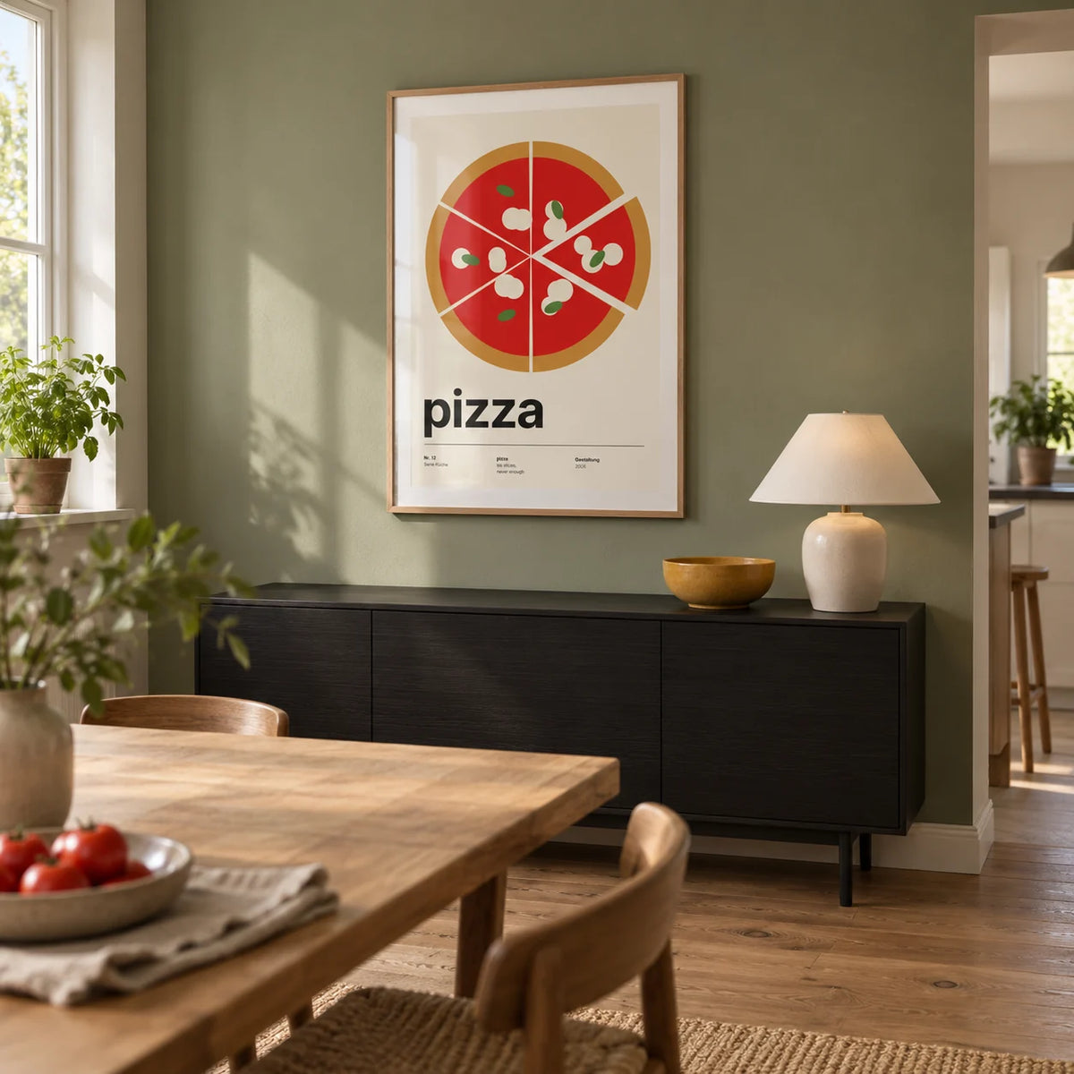 Margherita Pizza Print, framed on the wall of a modern open-plan dining area in a suburban UK home with a muted basil-green wall and an oak floor