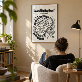 Mariachi Art Print, framed on the wall of a bright reading corner in a music-loving adult's UK flat with a warm plaster wall in a living room