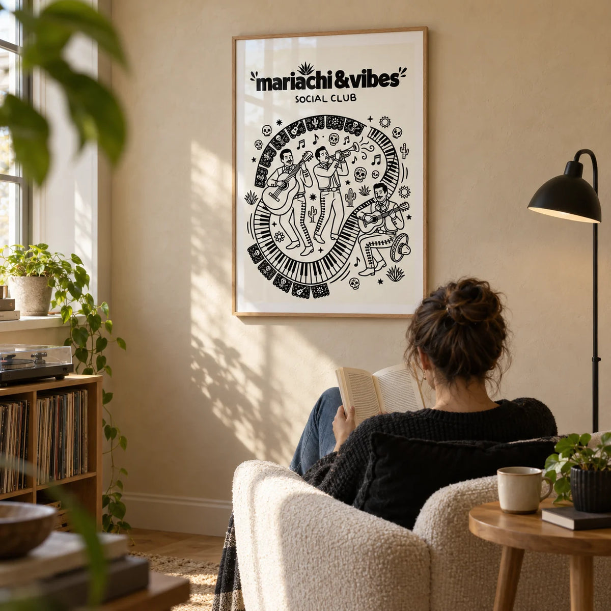 Mariachi Art Print, framed on the wall of a bright reading corner in a music-loving adult's UK flat with a warm plaster wall in a living room