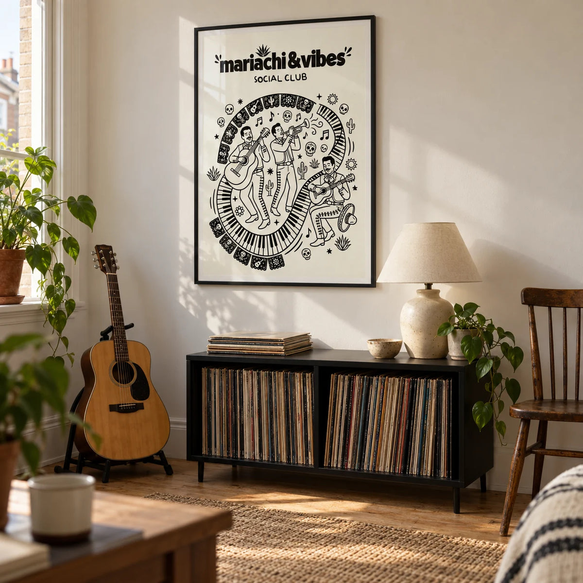 Mariachi Art Print, framed on the wall of a compact music room in a Victorian UK terrace with warm white walls and a plain oak floor