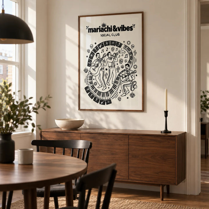 Mariachi Art Print, framed on the wall of a modern dining room in a UK flat with a warm white wall and walnut floor