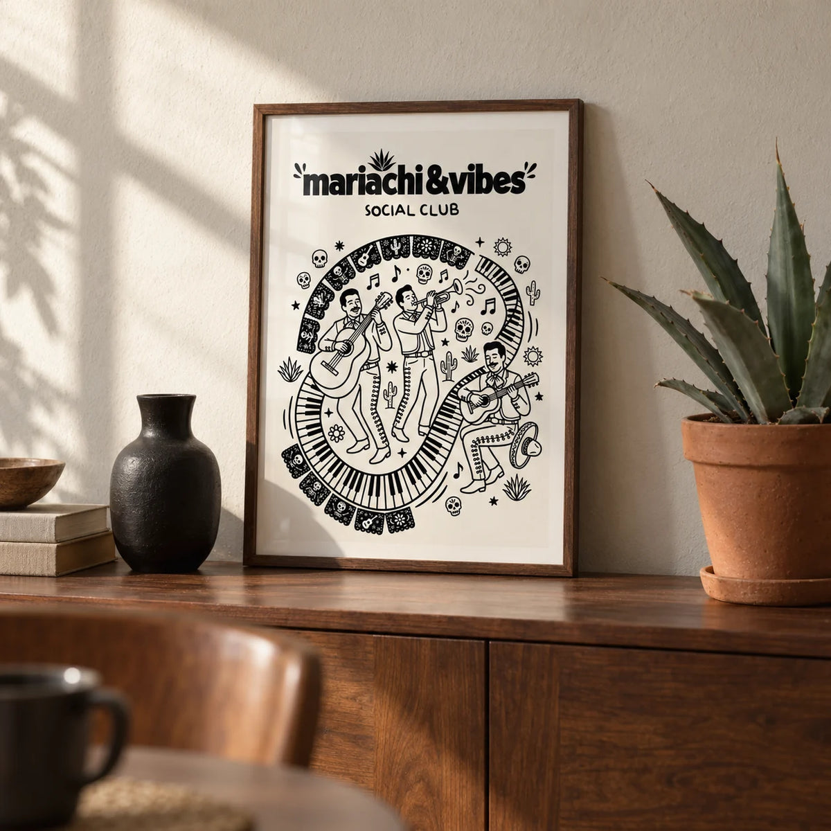 Mariachi Art Print, a small A4 framed print leaning on a walnut side table in a hallway