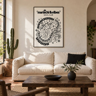 Mariachi Art Print, framed on the wall of a warm Mexican-modern living room in a UK terraced house with off-white limewashed walls and terracotta floor tiles