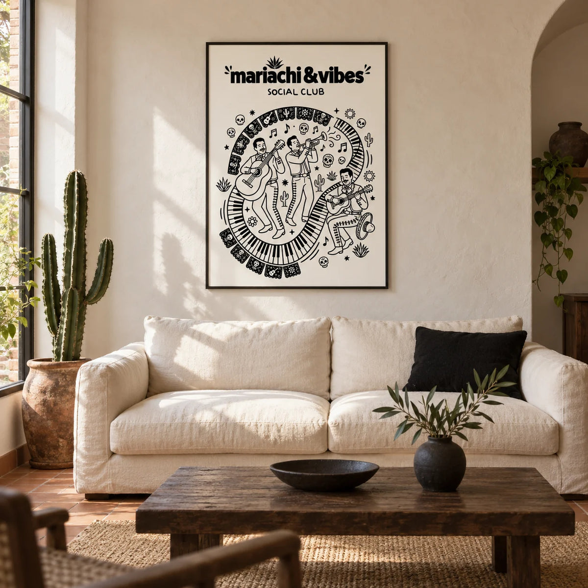 Mariachi Art Print, framed on the wall of a warm Mexican-modern living room in a UK terraced house with off-white limewashed walls and terracotta floor tiles