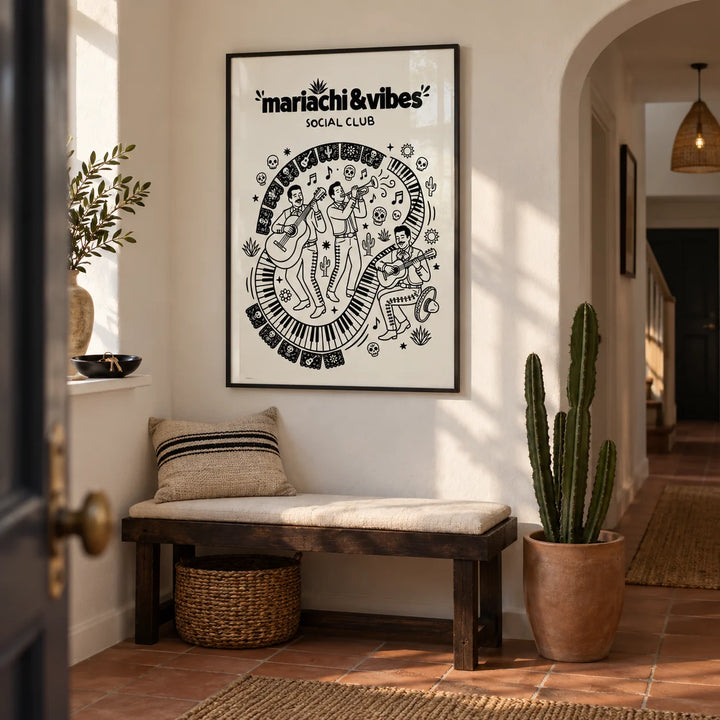 Mariachi Art Print, framed on the wall of a welcoming hallway in a renovated UK terrace with an arched doorway