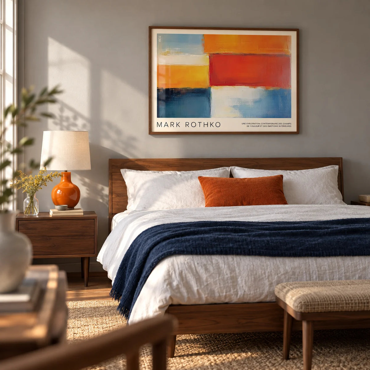 Mark Rothko Art, framed on the wall of a calm modern bedroom with a soft grey wall