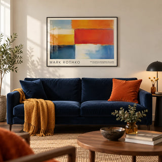 Mark Rothko Art, framed on the wall of a design-led living room with a warm white wall and a dark oak floor