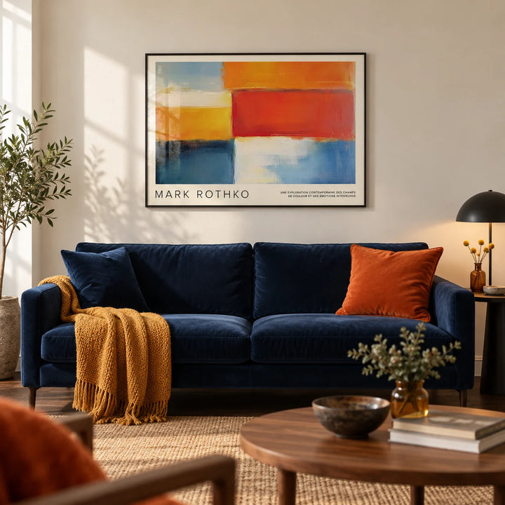 Mark Rothko Art, framed on the wall of a design-led living room with a warm white wall and a dark oak floor