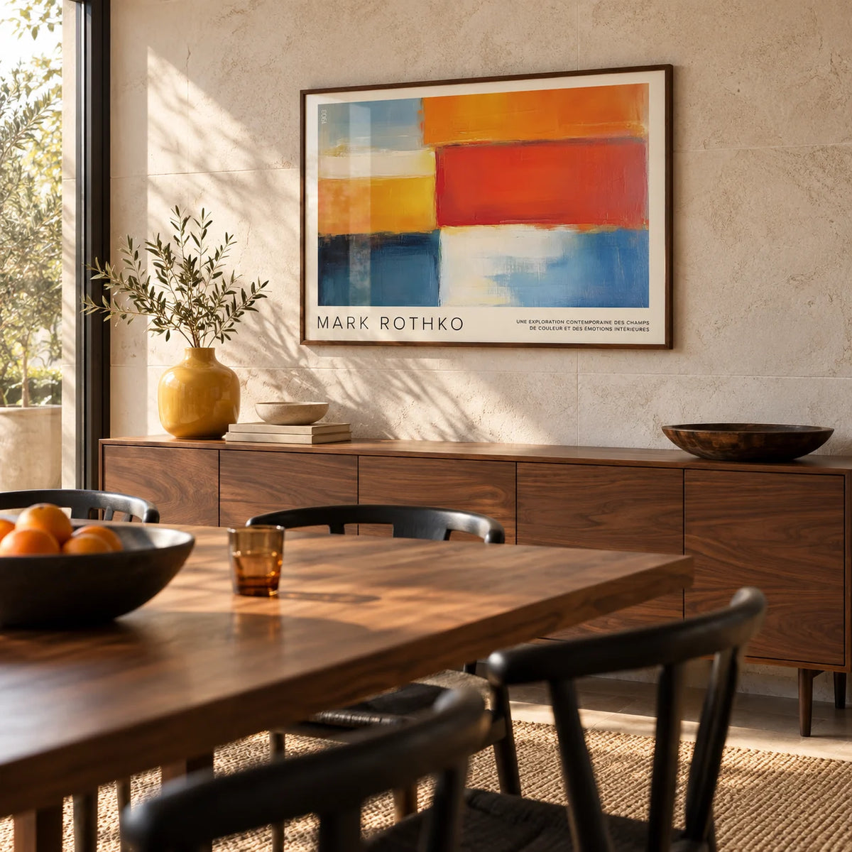 Mark Rothko Art, framed on the wall of a modern dining room with a pale stone wall