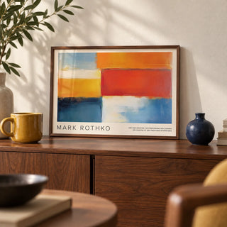 Mark Rothko Art, a small A4 framed print leaning on a walnut sideboard in a living room