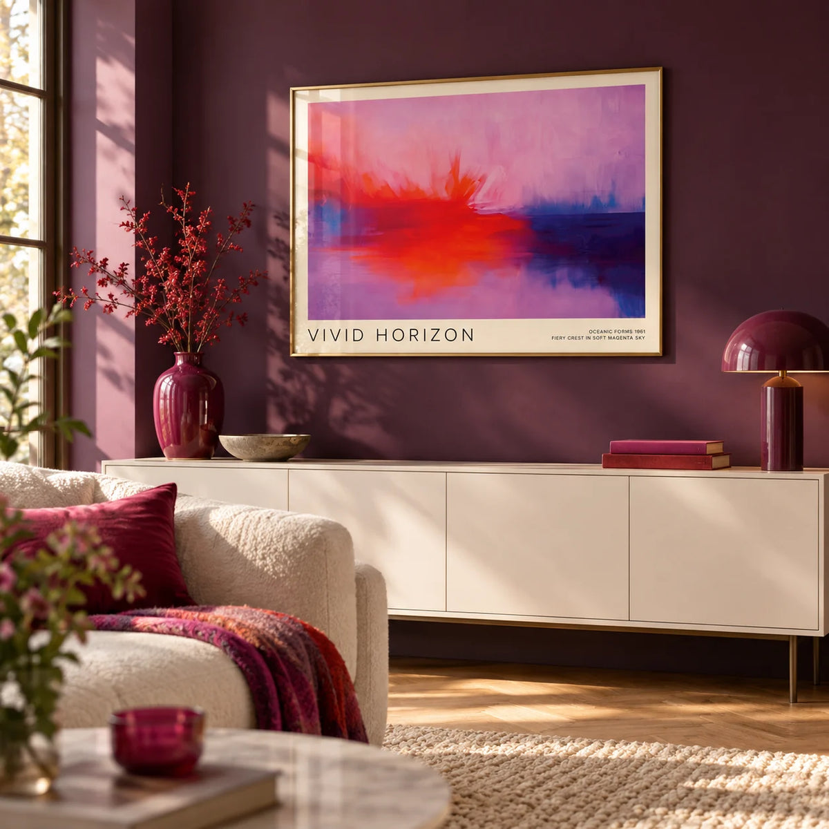 Mark Rothko Artwork, framed on the wall of a bold living room with a deep aubergine purple painted wall