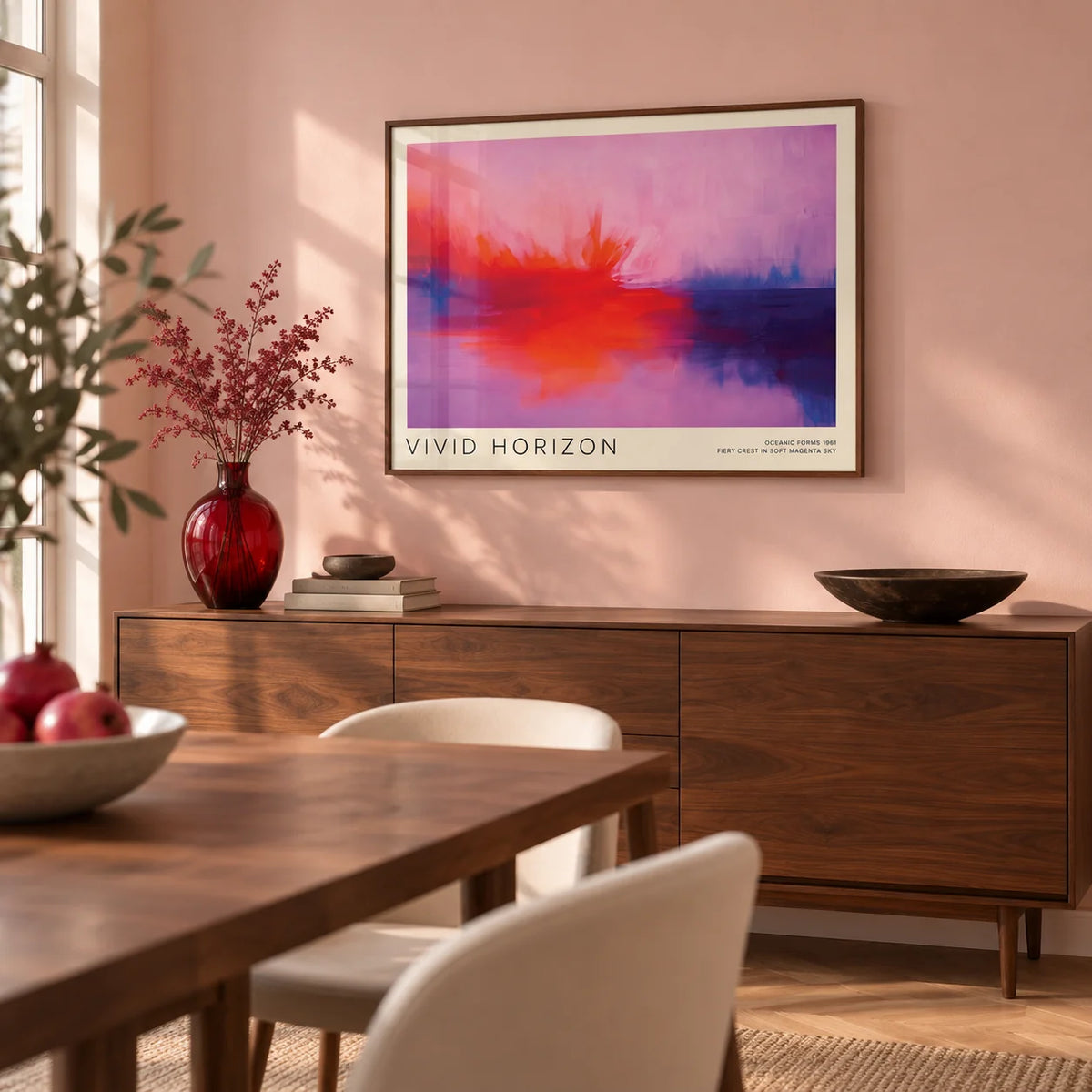 Mark Rothko Artwork, framed on the wall of a modern dining room with a soft pink painted wall