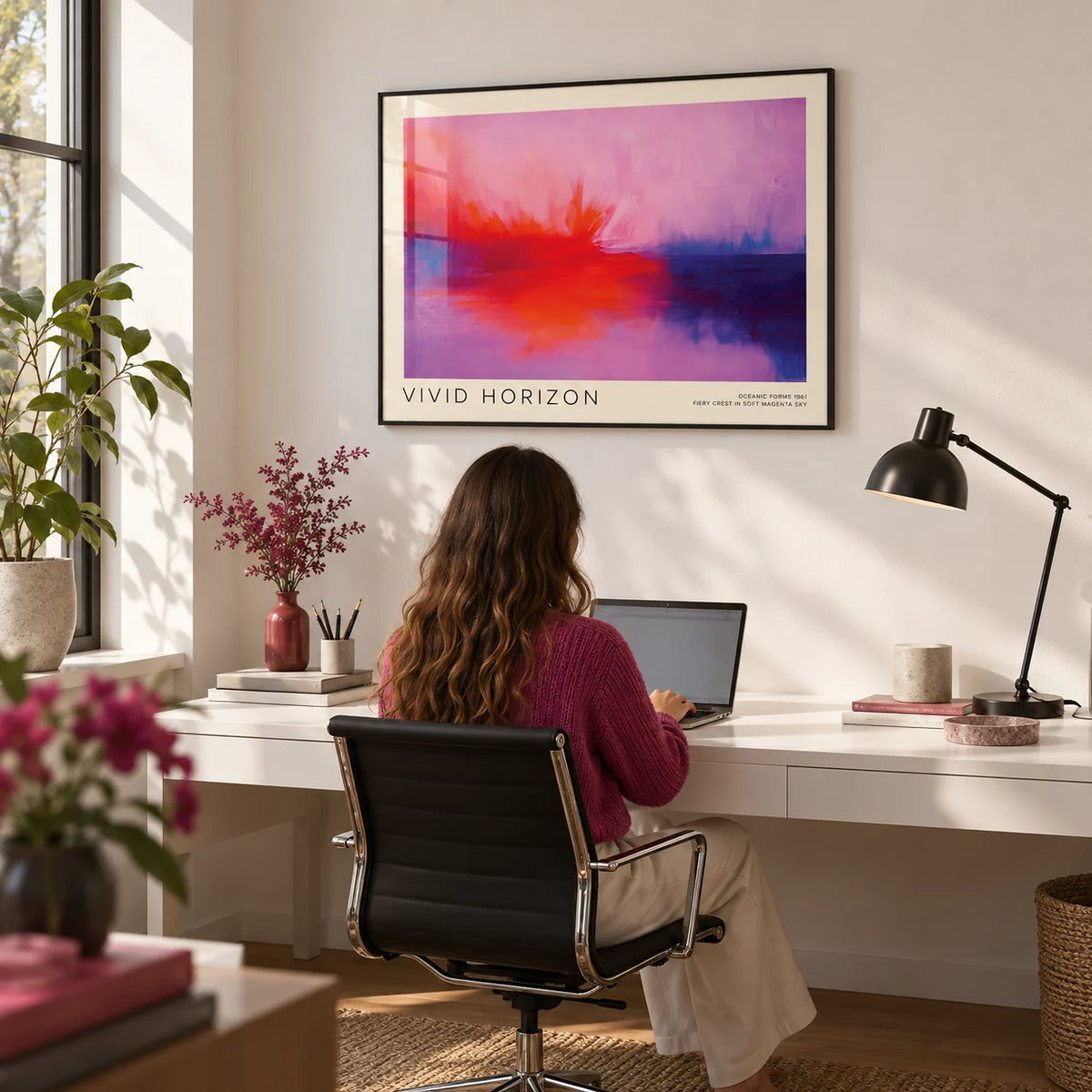 Mark Rothko Artwork, framed on the wall of a modern home office with a white wall