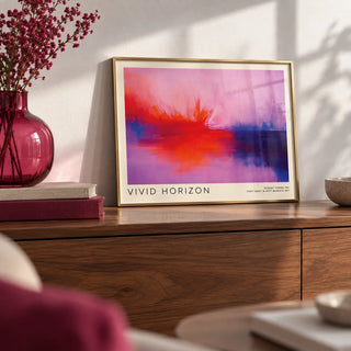 Mark Rothko Artwork, a small A4 framed print leaning on a low walnut sideboard in a living room