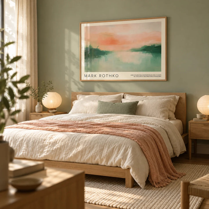 Mark Rothko Poster, framed on the wall of a calm bedroom with a soft sage green wall