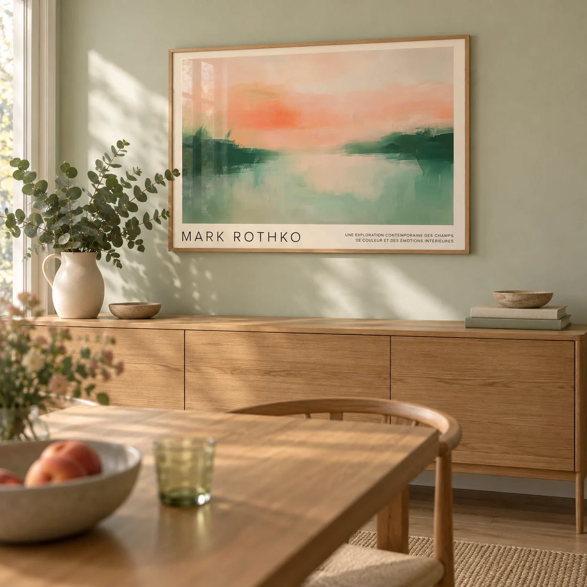 Mark Rothko Poster, framed on the wall of a calm dining room with a pale sage wall